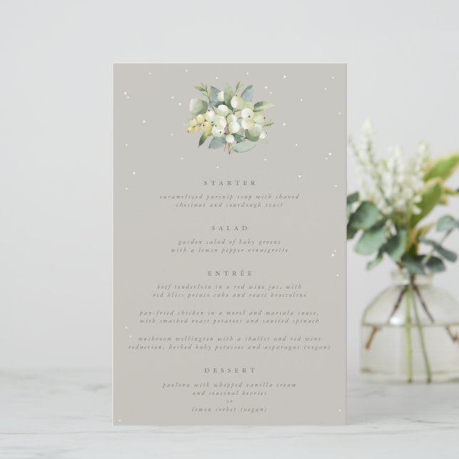 Greige Snowberry+Eukalyptus 4 Course Wedding Menu (Stehend Vorderseite)