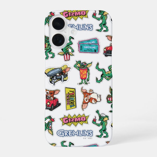 Gremlins™ Sticker-Spaß-Muster iPhone 16 Hülle (Rückseite)