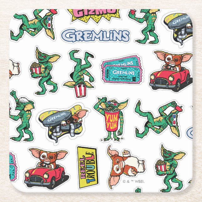Gremlins™ Sticker-Spaß-Muster Rechteckiger Pappuntersetzer (Vorderseite)