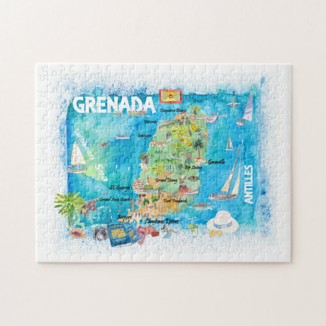 Grenada Antilles Illustrierte Karibik Karte Puzzle (Horizontal)
