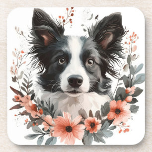 Grenz-Collie-Portrait mit Blumenrahmen Getränkeuntersetzer