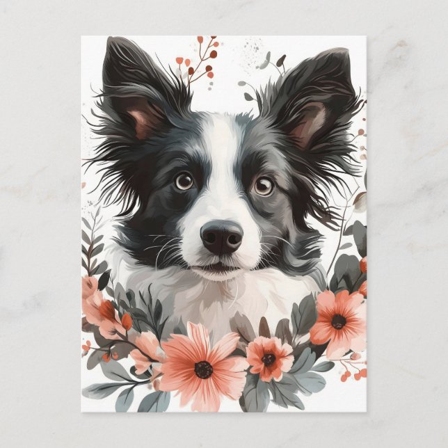 Grenz-Collie-Portrait mit Blumenrahmen Postkarte (Vorderseite)
