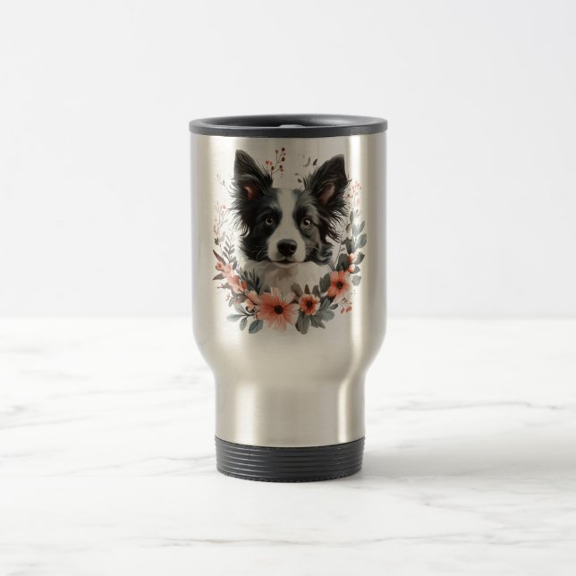 Grenz-Collie-Portrait mit Blumenrahmen Reisebecher (Mittel)