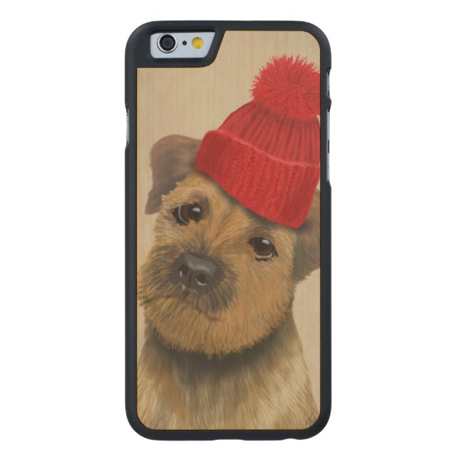 Grenz-Terrier mit Red Bobble Hat Carved Wood iPhone Hülle (Rückseite)