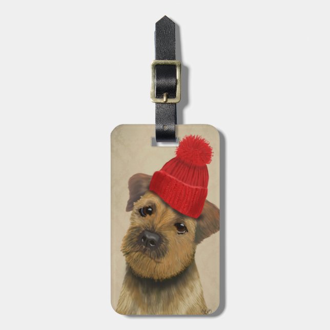 Grenz-Terrier mit Red Bobble Hat Gepäckanhänger (Vorderseite vertikal)