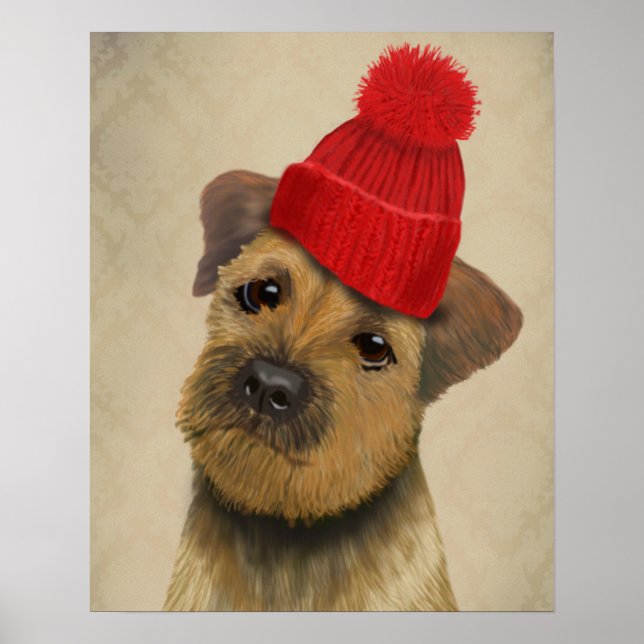Grenz-Terrier mit Red Bobble Hat Poster (Vorne)
