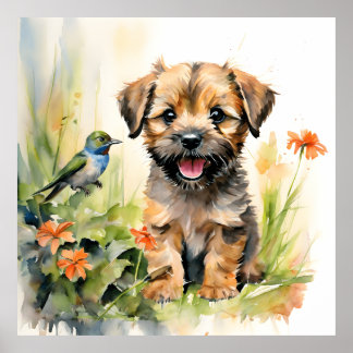 Grenz-Terrier-Welpe mit Hummingbird Poster