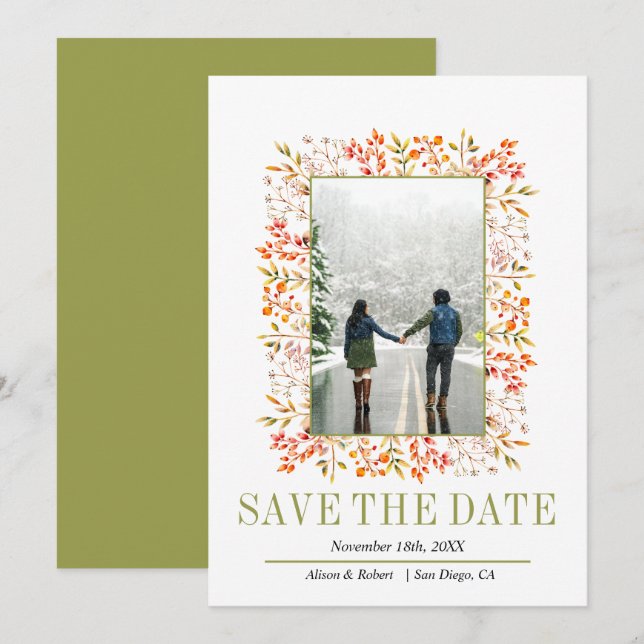 Grenze der Blätter und Beeren Olivenöl Save The Date (Vorne/Hinten)