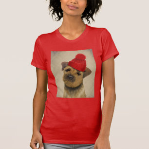 Grenze Terrier mit Rot Bobble Hut T-Shirt