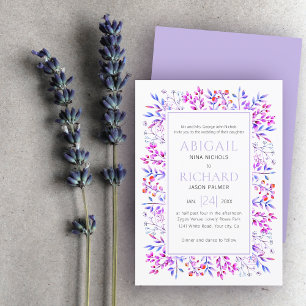 Grenze von Blätter, Beeren Lavendel lila Hochzeit Einladung