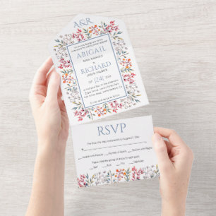 Grenze von Blätter und Beeren staubblaue Hochzeit All In One Einladung