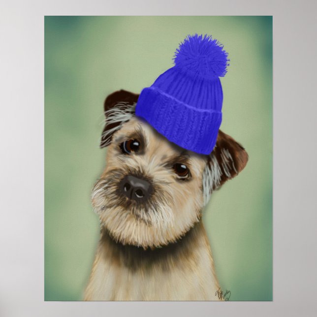 Grenzer Terrier mit blauem Bobble Hat Poster (Vorne)
