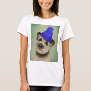 Grenzer Terrier mit blauem Bobble Hat T-Shirt