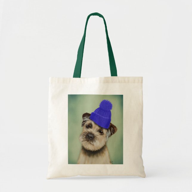 Grenzer Terrier mit blauem Bobble Hat Tragetasche (Vorne)