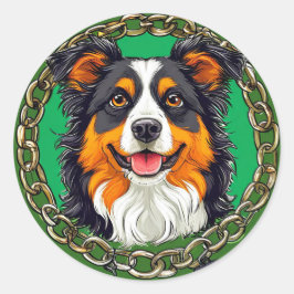 Grenzwolle Hund auf grünem Hintergrund mit Kette Runder Aufkleber