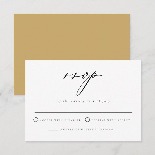 GRETA Minimalistisch Senf Script Wedding RSVP Card Einladung (Vorne/Hinten)