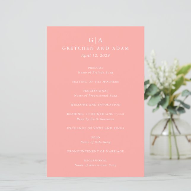 Gretchen Coral Pink Elegant Wedding Program (Stehend Vorderseite)