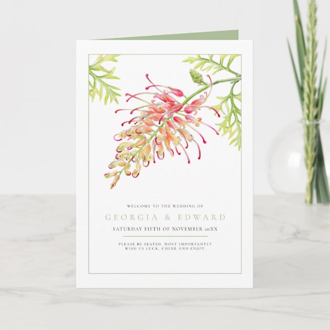 Grevillea Aquarell Blütengrün Hochzeit Programm (Vorderseite)