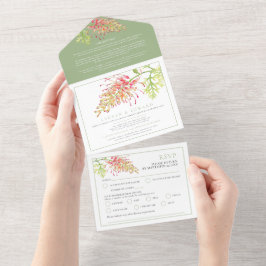Grevillea Aquarell Hochzeit RSVP Detail grün All In One Einladung