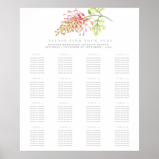 Grevillea floral green wedding 16 tables plan poster (Vorne)