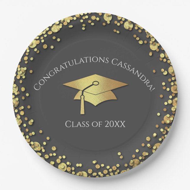 Grey and Gold Graduation Pappteller (Vorderseite)
