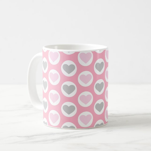 Grey and Pink Hearts Coffee Cup Valentine's Mug Kaffeetasse (Vorderseite Links)