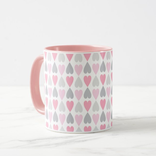 Grey and Pink Hearts Coffee Cup Valentine's Mug Tasse (Vorderseite Links)
