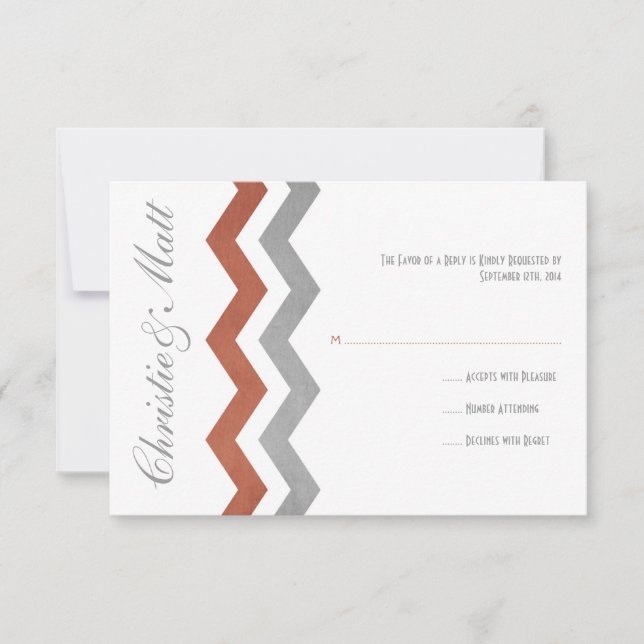 Grey and Red Zig Zag Wedding RSVP Karte (Vorderseite)