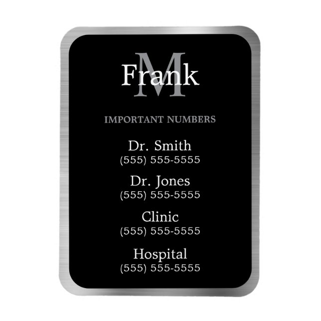 Grey Black and White Important Phone Numbers Magnet (Vertikal)