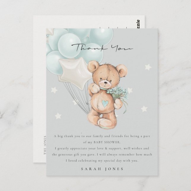 Grey Blue Bear Bear Bearly Wait Balloon Baby Dusch Postkarte (Vorne/Hinten)