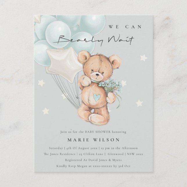Grey Blue Bear Bear Bearly Wait Balloon Baby Dusch Postkarte (Vorderseite)