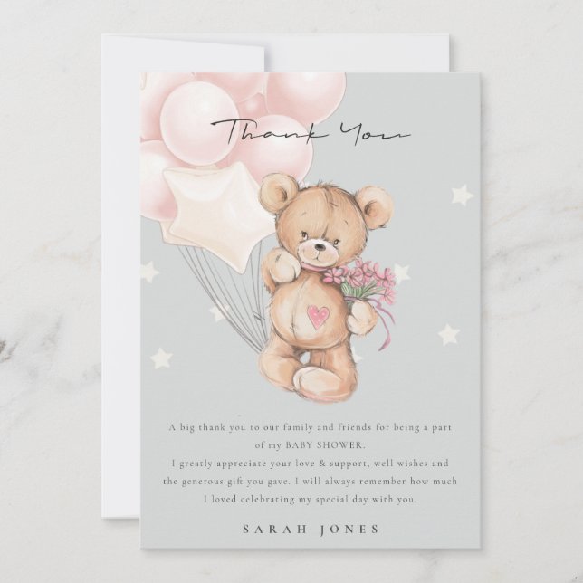 Grey Blush Bear Bearly Wait Balloon Babydusche Dankeskarte (Vorderseite)