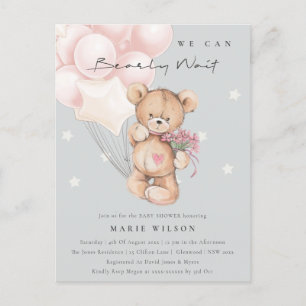 Grey Blush Bear Bearly Wait Balloon Babydusche Postkarte