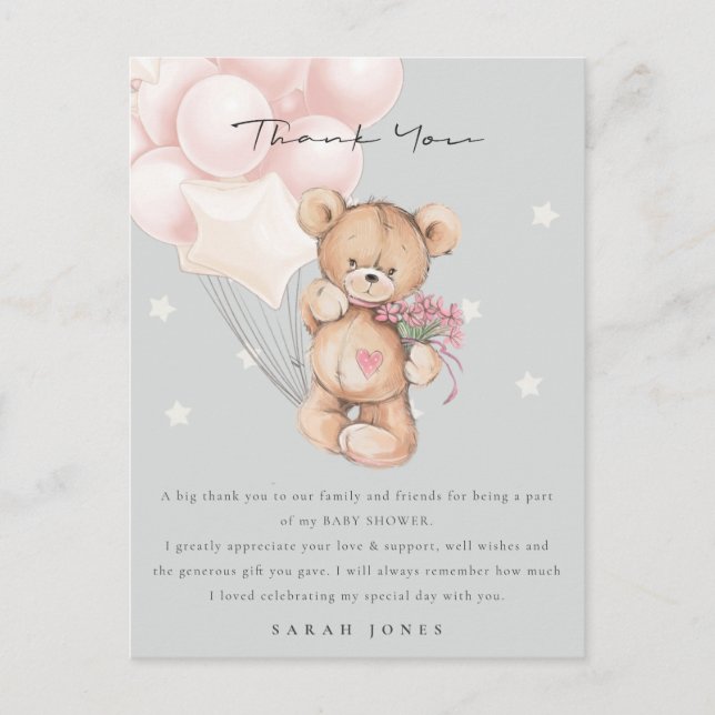 Grey Blush Bear Bearly Wait Balloon Babydusche Postkarte (Vorderseite)