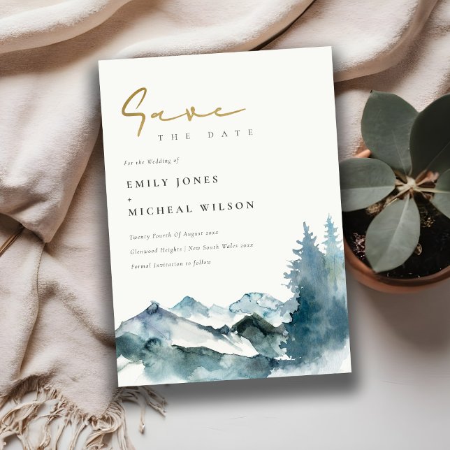 Grey Blush Blue Mountains Pine Save the Date Einladung (Von Creator hochgeladen)