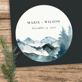 Grey Blush Green Blue Mountains Pine Wedding Runder Aufkleber