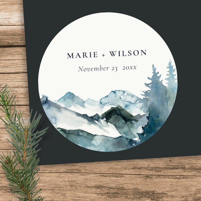 Grey Blush Green Blue Mountains Pine Wedding Runder Aufkleber (Von Creator hochgeladen)