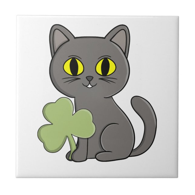 Grey Cat Shamrock Clover Charm Fliese (Vorderseite)