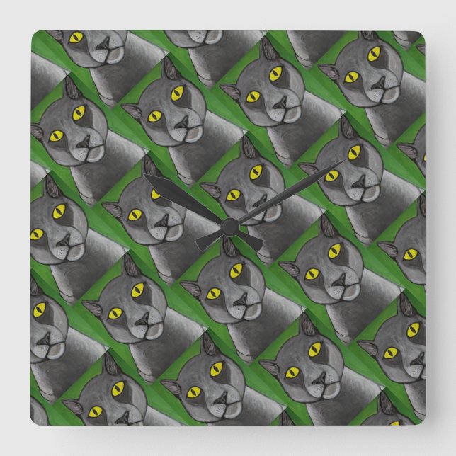 Grey Cat Wall Clock Quadratische Wanduhr (Vorderseite)