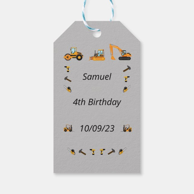 Grey Construction Boy Birthday Bilingual Thanks Geschenkanhänger (Rückseite)