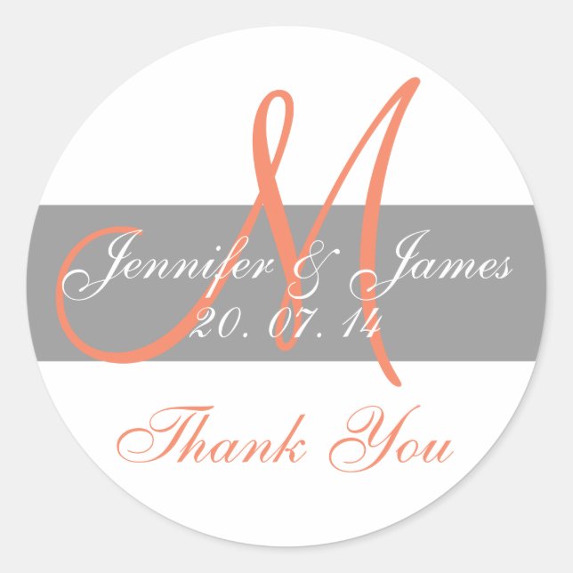 Grey Coral Monogram Wedding Danke Stickers (Vorderseite)