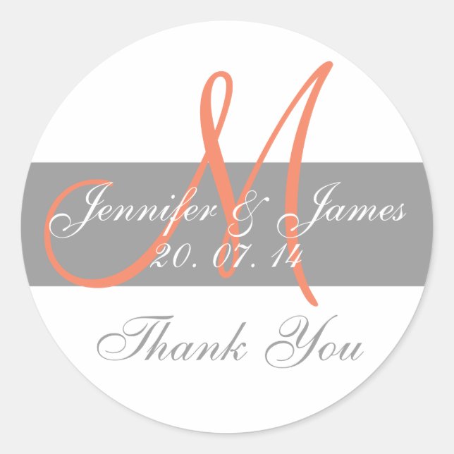 Grey Coral Monogram Wedding Danke Stickers (Vorderseite)