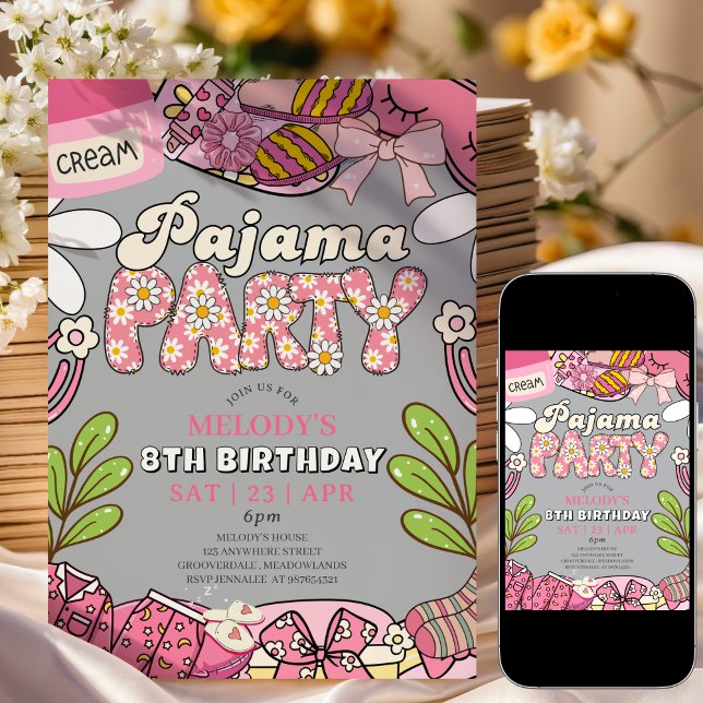 Grey Daisy Pajama Party Birthday Invitation Einladung (Von Creator hochgeladen)