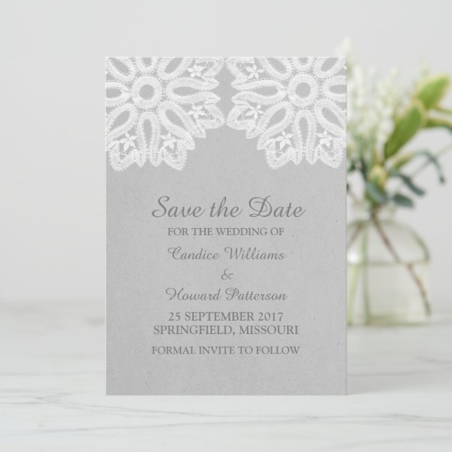 Grey Elegant Lace Save the Date laden (Stehend Vorderseite)