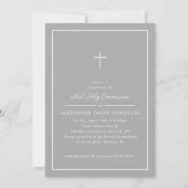 Grey First Holy Communion Pink Cross Simple Frame Einladung