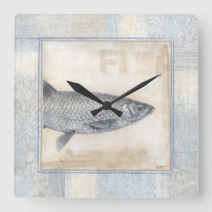 Grey Fish on Beige Background Quadratische Wanduhr