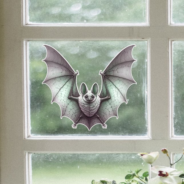 Grey Furry Bat Green Tinge Spread Wings Fensteraufkleber (Halloween grey green furry bat  with wings spread in flight on window cling decoration.)