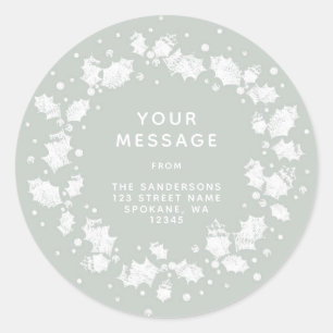 Grey Green Christmas Holly Wreath Rücksendeadresse Runder Aufkleber