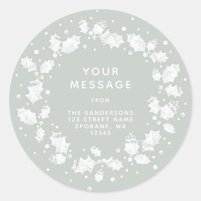 Grey Green Christmas Holly Wreath Rücksendeadresse Runder Aufkleber (Vorderseite)