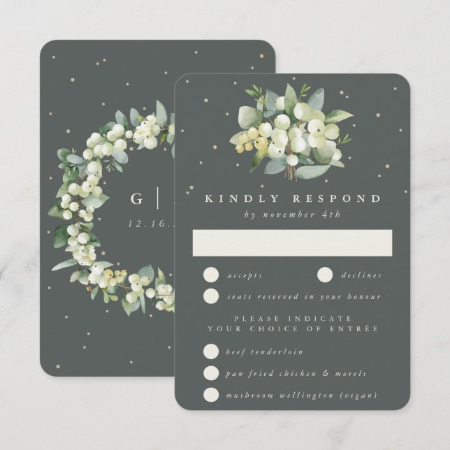 Grey Green Snowberry+Eucalyptus Bouquet Wedding RSVP Karte (Vorne/Hinten)